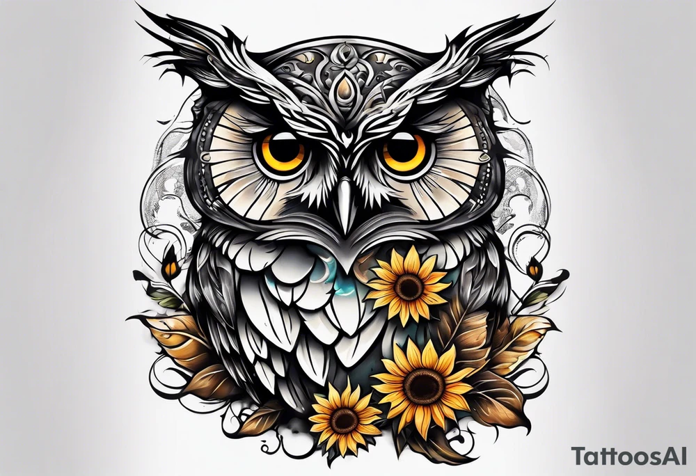 Small owl with butterfly and sunflower leg sleeve tattoo idea