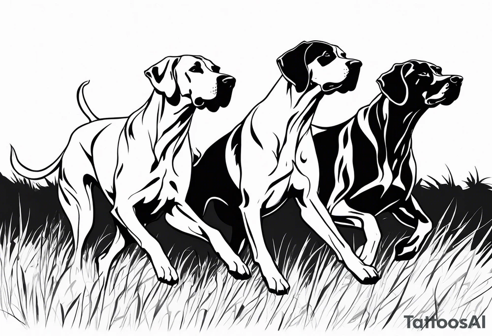 full arm sleeve on guy with (4) Four Great Dane floppy ear dogs running together in the field tattoo idea