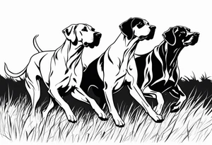 full arm sleeve on guy with (4) Four Great Dane floppy ear dogs running together in the field tattoo idea