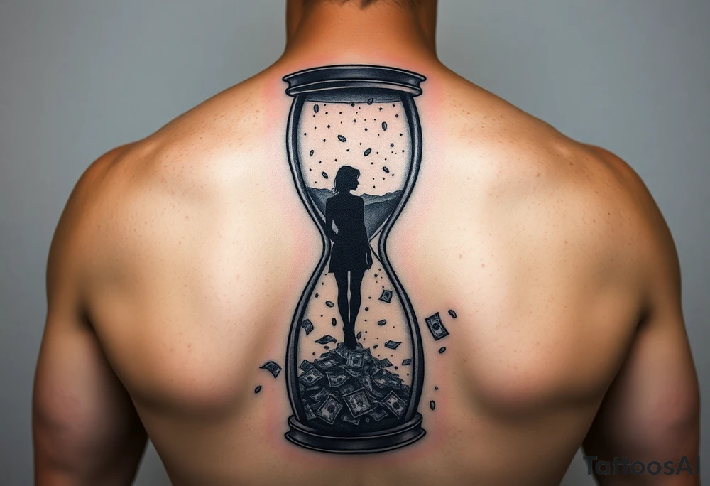 futuristic full back tattoo, broken hourglass with sand turning into digital particles, silhouette of a woman walking away in the distance, falling money dissolving into light, cyberpunk atmosphere, symbolizing lost time, lost love and lost fortune, black and grey tattoo with subtle neon accents, ultra detailed tattoo idea