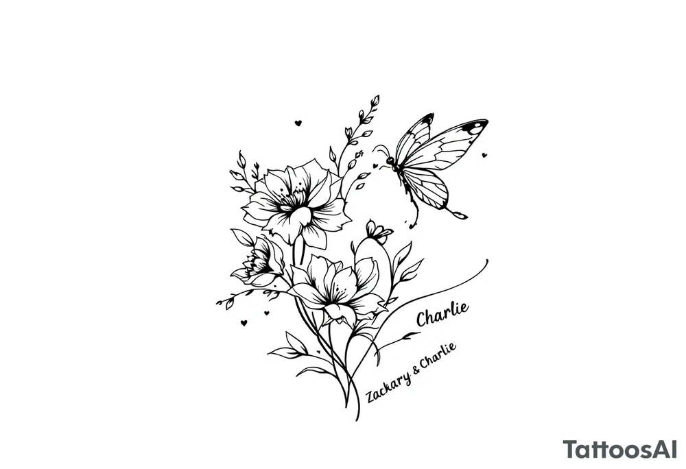 Flowers, heart and buttherfly with name Zackary and Charlie tattoo idea