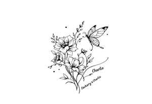Flowers, heart and buttherfly with name Zackary and Charlie tattoo idea