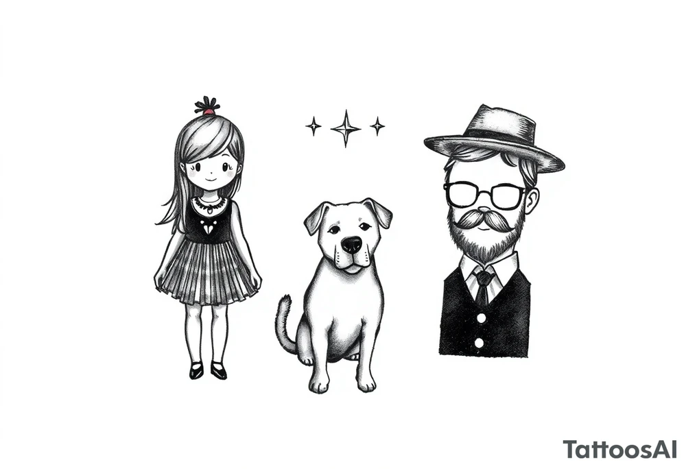 A tattoo that symbolizes three children using symbols, not people, a dog and a husband using dainty symbols and a fine line tattoo tattoo idea