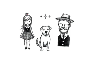 A tattoo that symbolizes three children using symbols, not people, a dog and a husband using dainty symbols and a fine line tattoo tattoo idea