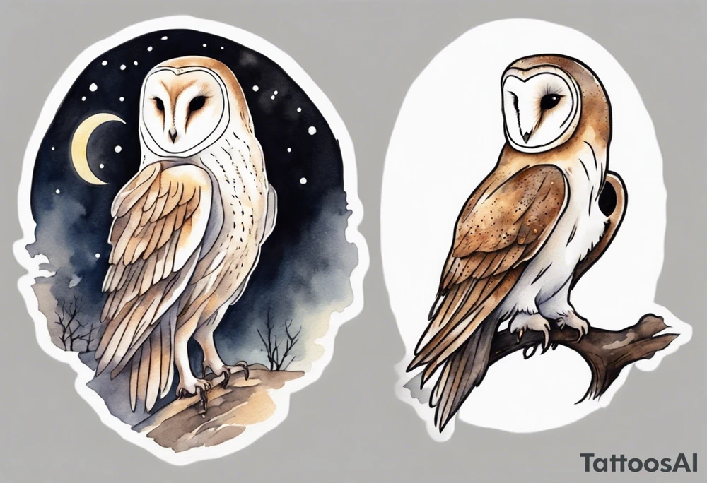 a thin man with the head of a barn owl walking at night tattoo idea