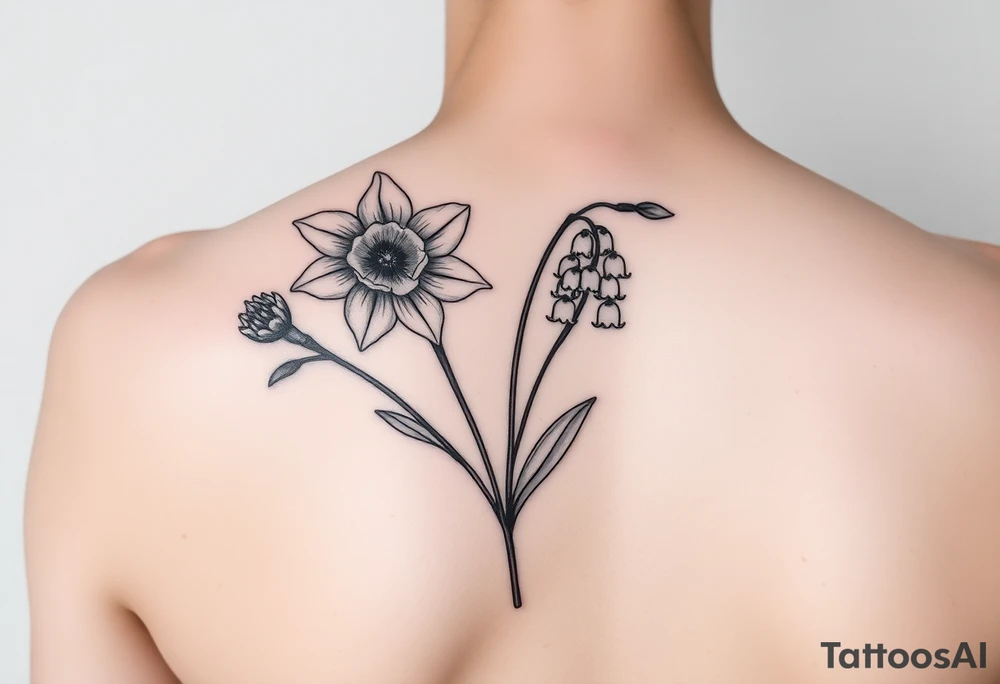 shoulder blade tattoo for women with daffodils, daisy, lily of the valley tattoo idea