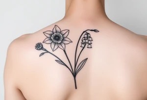 shoulder blade tattoo for women with daffodils, daisy, lily of the valley tattoo idea