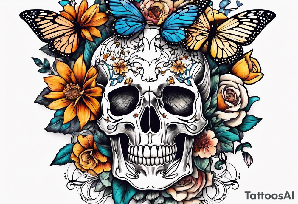 skeleton rib cage with flowers surrounding it and butterflies tattoo idea