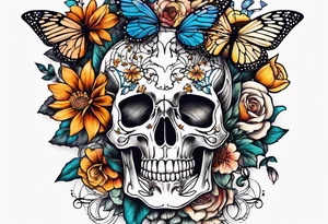 skeleton rib cage with flowers surrounding it and butterflies tattoo idea