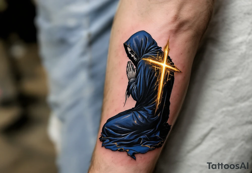 A Reaper kneeling in prayer, cloaked in deep navy blue with a glowing golden cross on the back. tattoo idea