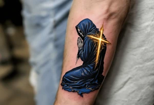 A Reaper kneeling in prayer, cloaked in deep navy blue with a glowing golden cross on the back. tattoo idea