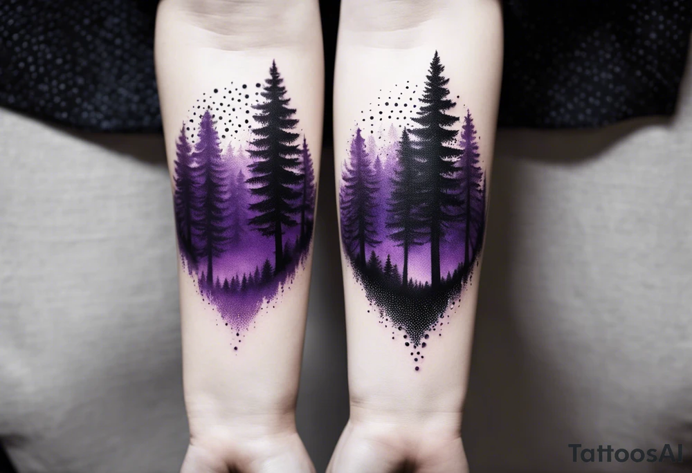 forest, purple and black, covered from wrist to forearm, fully covered, no borders, blackwork tattoo idea