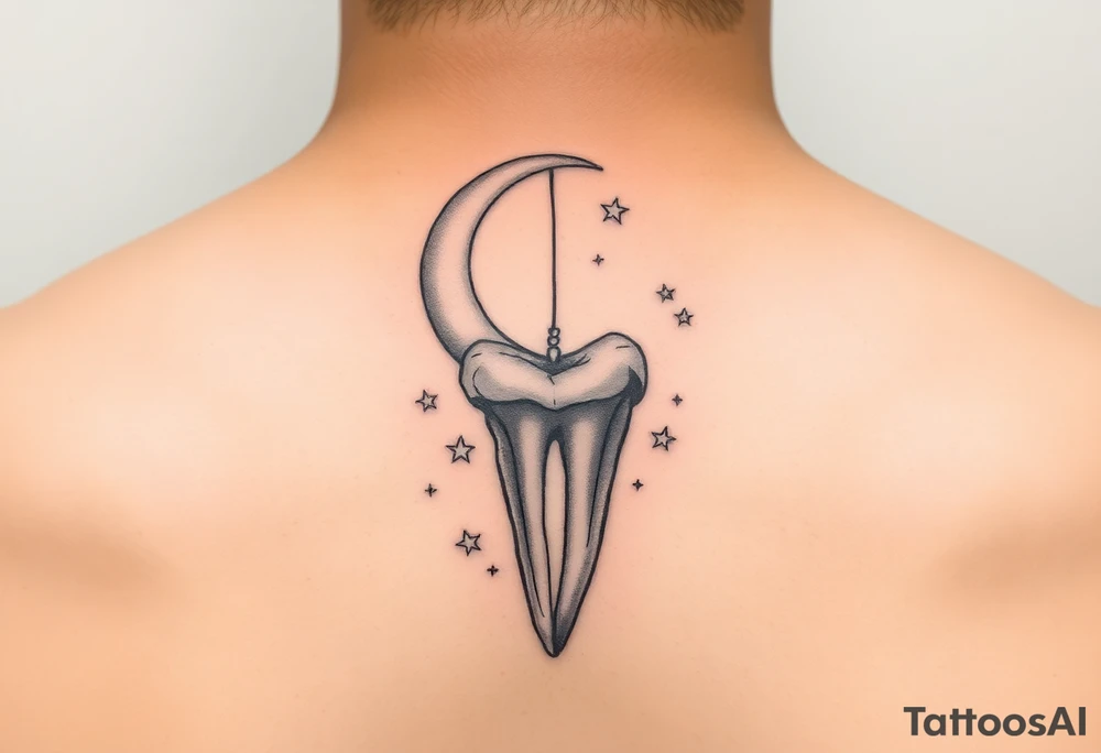 A molar tooth dangling like a pendant from a crescent moon with tiny stars scattered around, soft watercolor pastel style.” tattoo idea