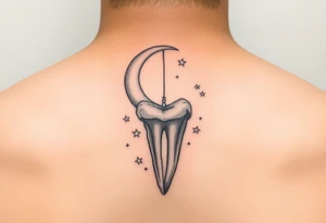 A molar tooth dangling like a pendant from a crescent moon with tiny stars scattered around, soft watercolor pastel style.” tattoo idea