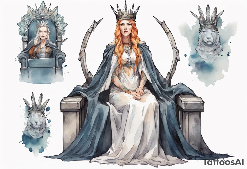 a Germanic queen wearing a simple iron crown, wearing a feather cloak, sitting on a simple stone throne tattoo idea