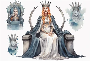 a Germanic queen wearing a simple iron crown, wearing a feather cloak, sitting on a simple stone throne tattoo idea