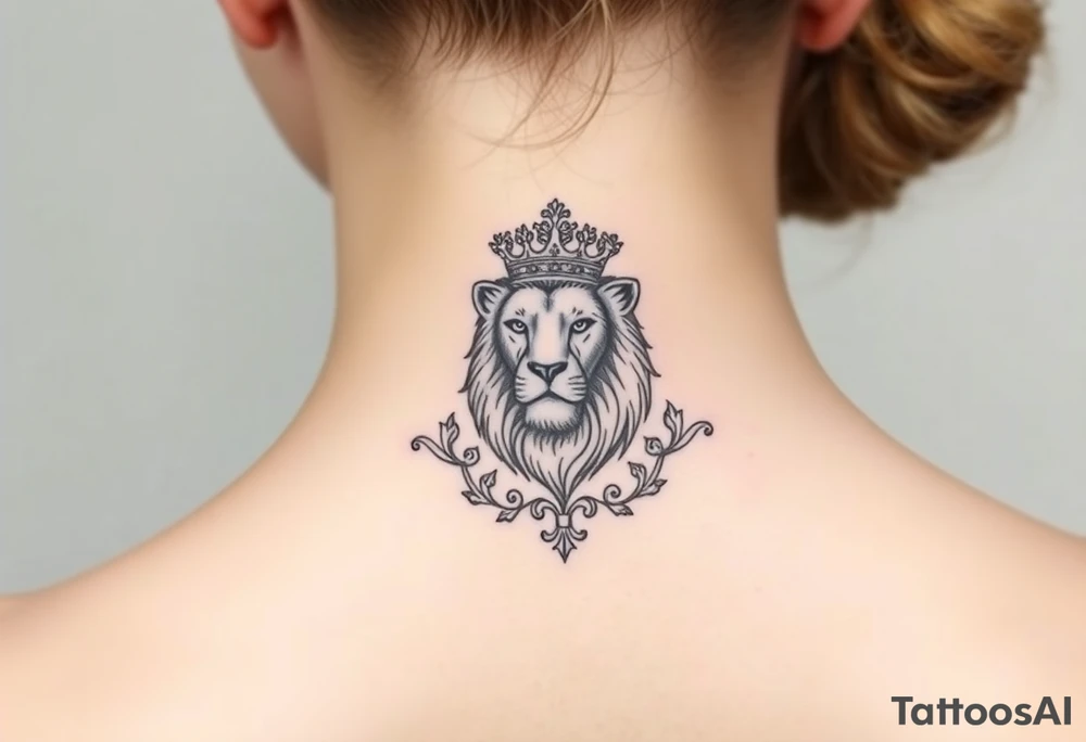 majestic lion wearing ornate crown, surrounded by baroque flourishes tattoo idea