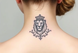 majestic lion wearing ornate crown, surrounded by baroque flourishes tattoo idea