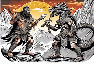 aztec dwarven warrior with a war axe fighting against a dragon in the mountains as the sun is rising tattoo idea