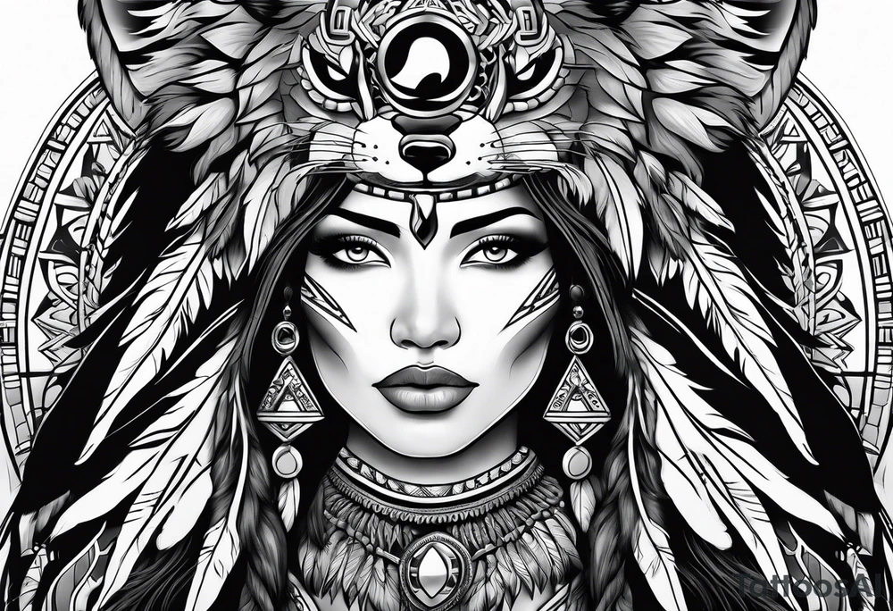 Native American woman with a wolf tattoo idea
