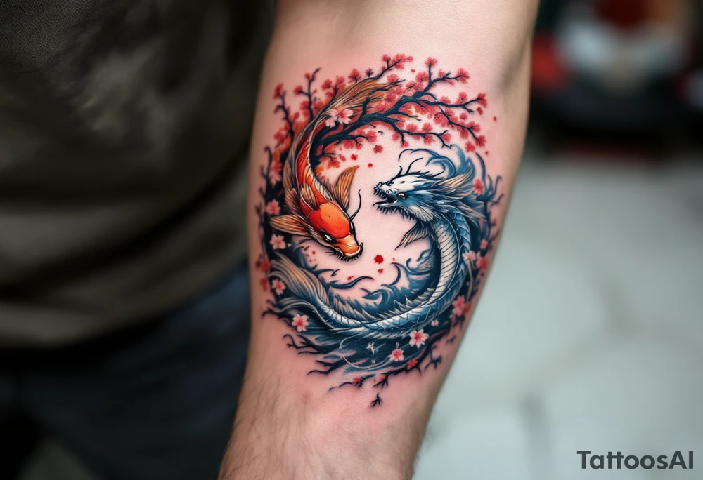 koi fish fighting a dragon in a yin yang format 
with a sakura tree in the background, Japanese inspired piece tattoo idea