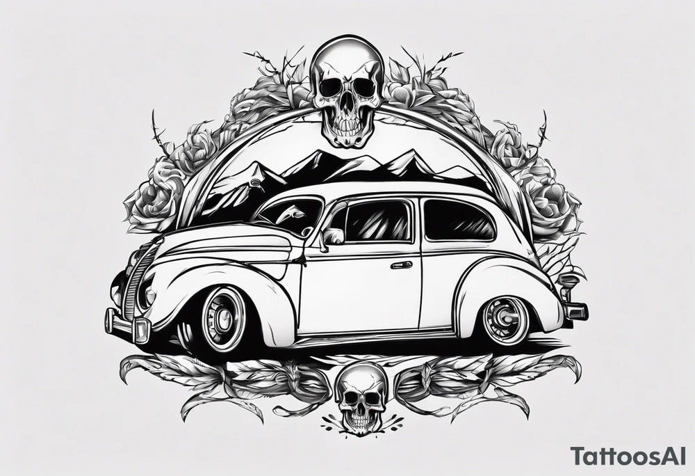 Skull on hood of car tattoo idea
