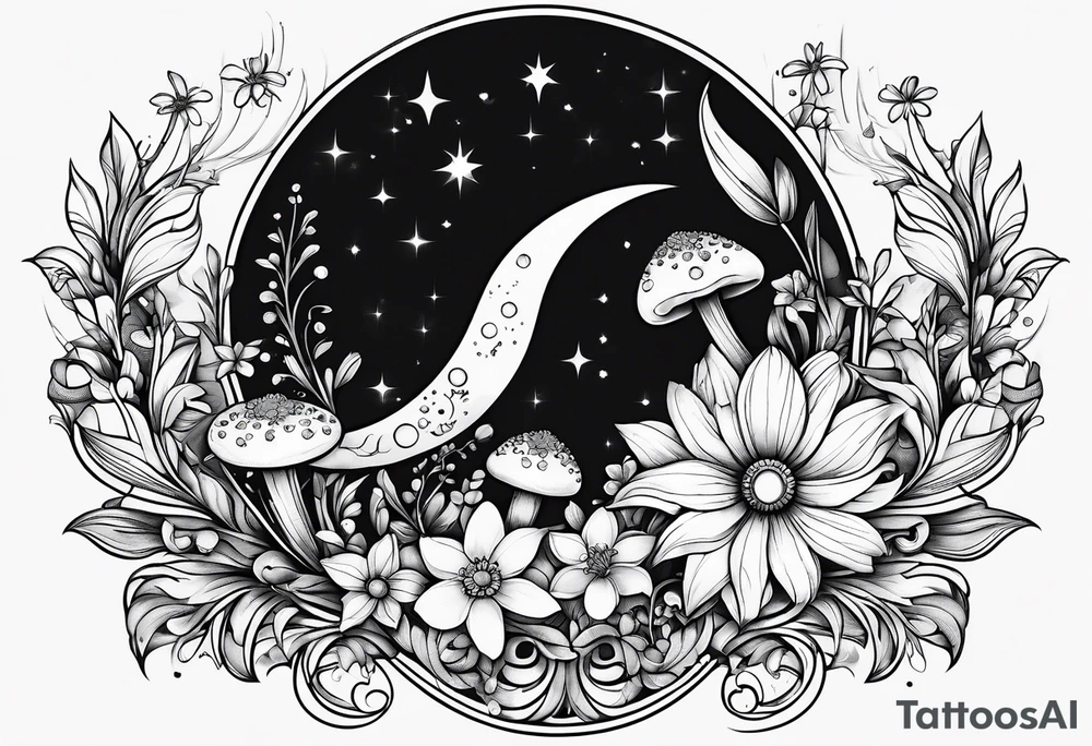 Crescent moon with daisy's, lily’s, crystals, and mushrooms tattoo idea