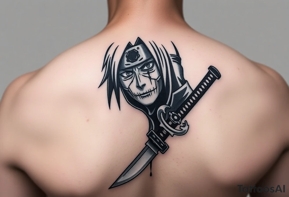 itachi from Naruto in a kunai with his anbu mask and uchiha crest tattoo idea