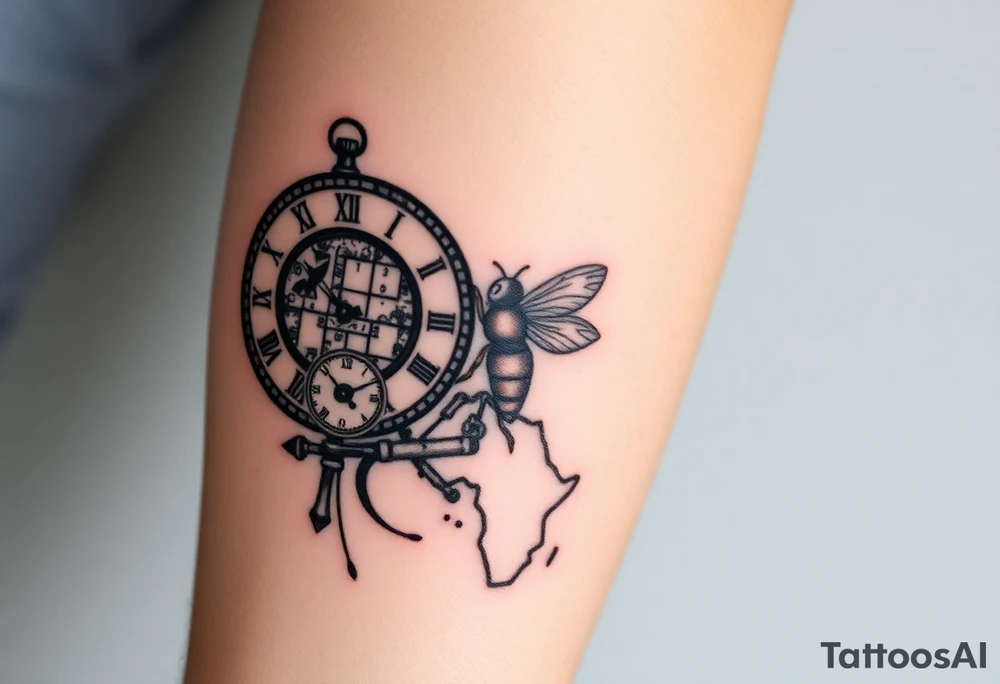 Imaginez un tatouage avec plusieurs éléments disting une horloge affichant 6h40 et peut voir des éléments architecturaux de Rome, comme le Colisée, un gladiateur avec une abeille sur le bouclier Enfin, dans le coin inférieur de l'image une carte de la centre Afrique et la grenade  de la cavalerie tattoo idea