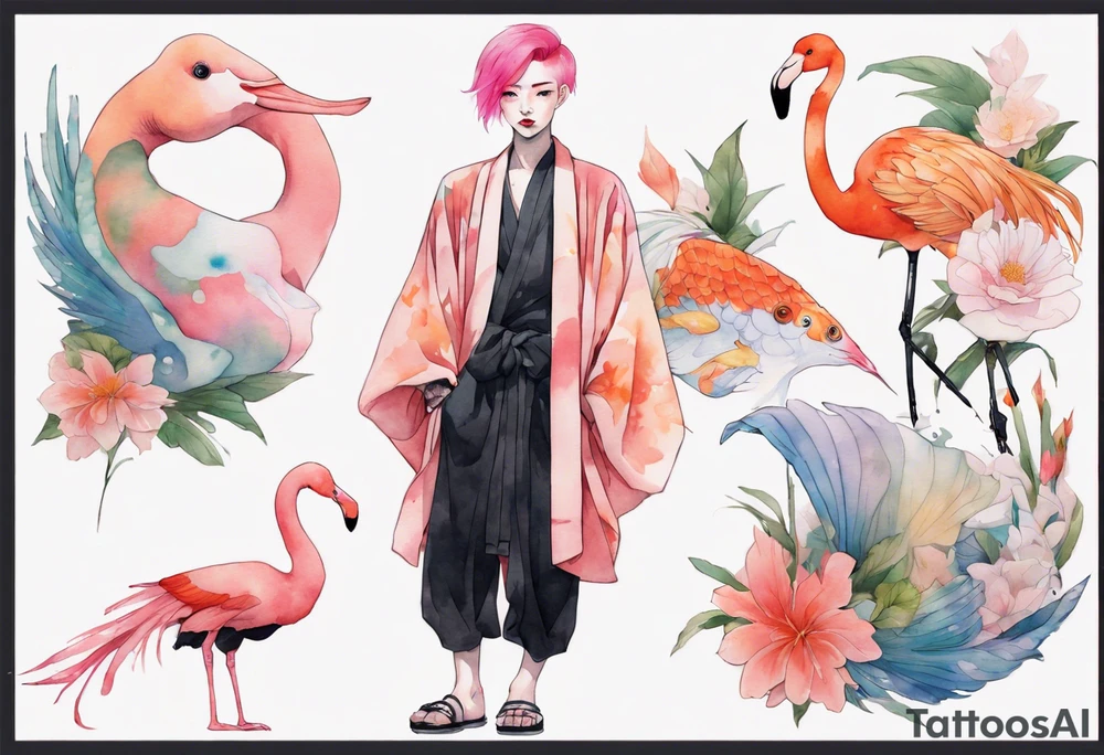 an androgynous person with pink hair and a rainbow robe standing next to a flamingo and a koi tattoo idea