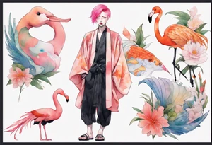 an androgynous person with pink hair and a rainbow robe standing next to a flamingo and a koi tattoo idea