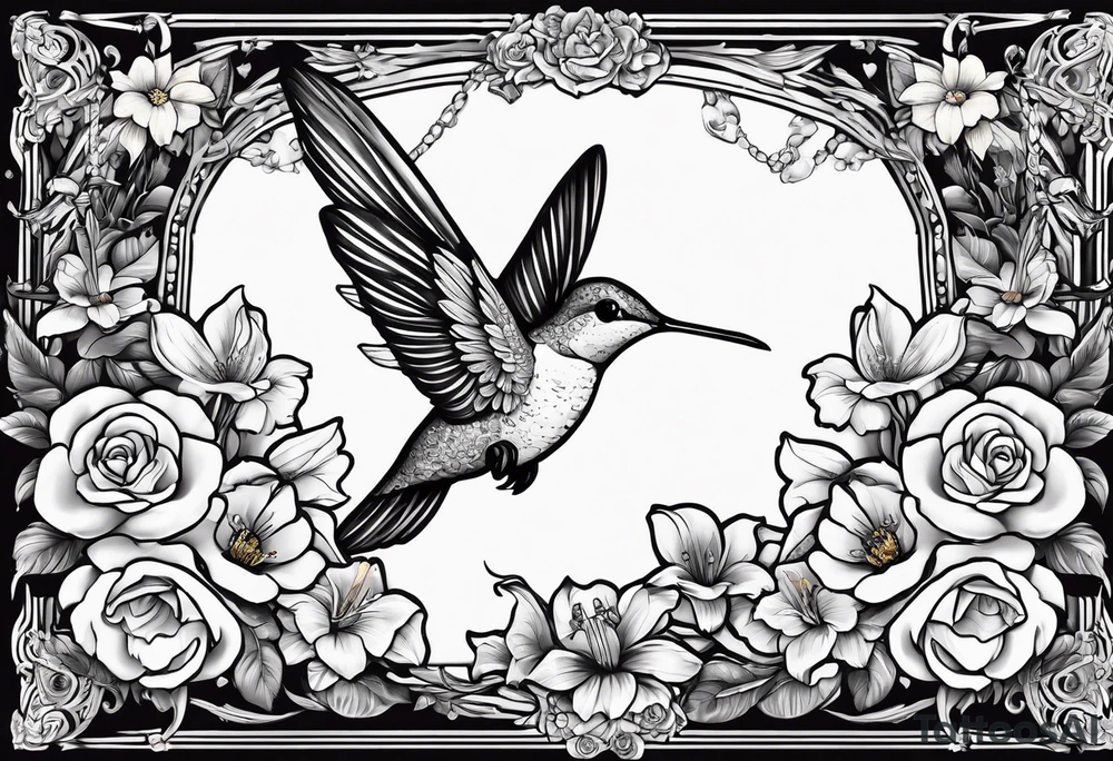hummingbird with sad angel on swing coming out of tail feathers surrounded by rose, lily, daffodil, daisy, carnation, narcissus tattoo idea