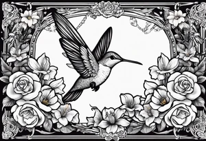 hummingbird with sad angel on swing coming out of tail feathers surrounded by rose, lily, daffodil, daisy, carnation, narcissus tattoo idea