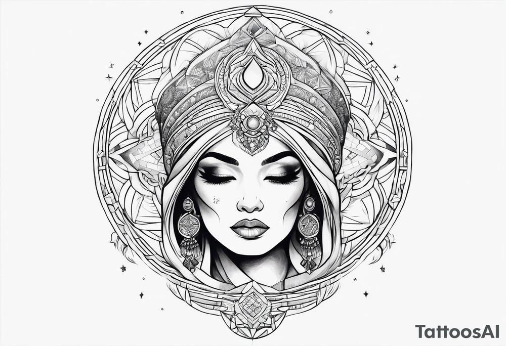 Woman holding orb of divinity over her head tattoo idea
