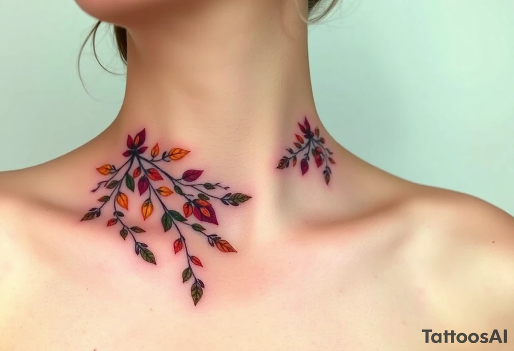Two separate collarbone tattoos of long, stems and branches covered with red, orange, yellow and dark forest green leaves and flowers, academia, witchy, muted, delicate and gentle but moody, long and thin, following the collarbone. More muted, not so bright, darker colors. Fewer amount of leaves, larger leaves. Less flowers and leaves. tattoo idea
