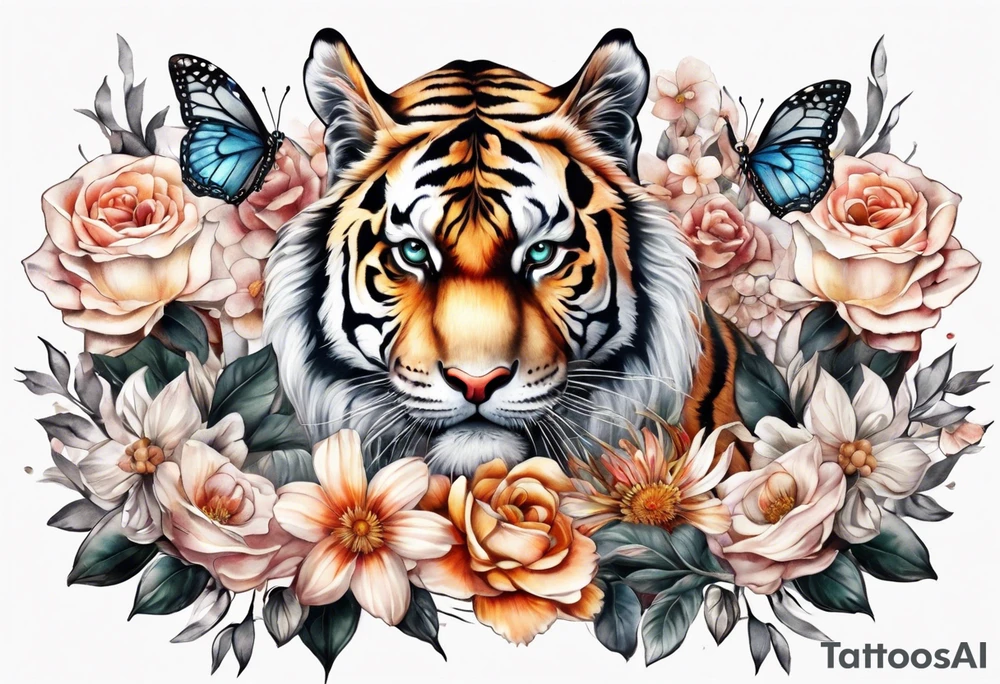 realistic full body tiger, 3 butterflies, flowers for ladies thigh / hip shaded tattoo idea