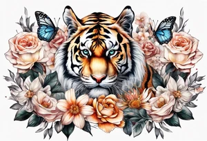 realistic full body tiger, 3 butterflies, flowers for ladies thigh / hip shaded tattoo idea