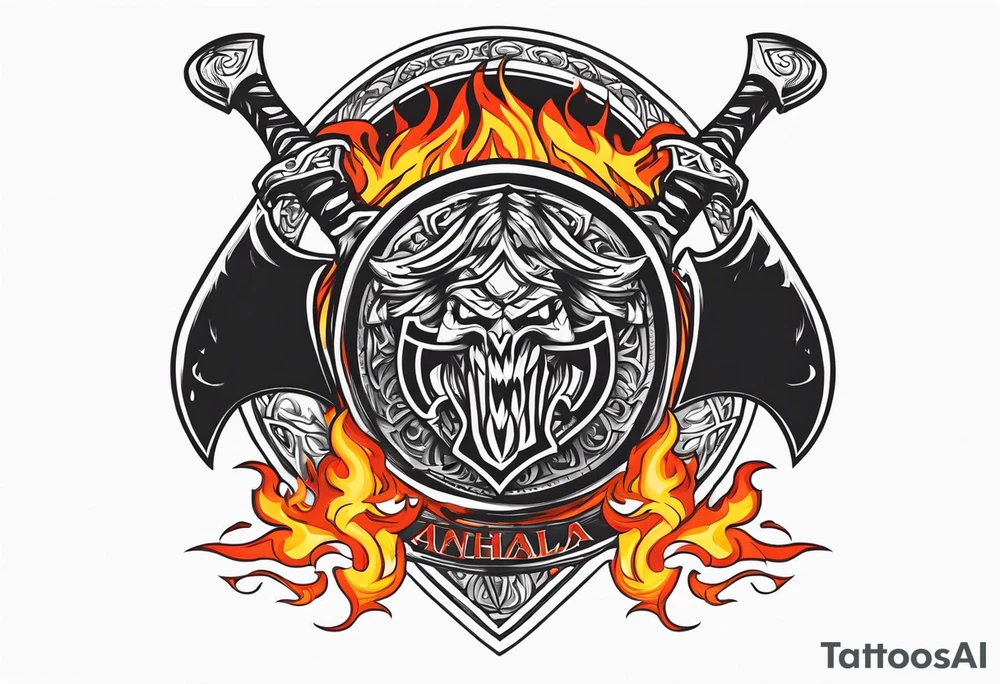 valhalla on fire sword shield axe tattoo idea