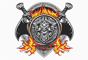 valhalla on fire sword shield axe tattoo idea