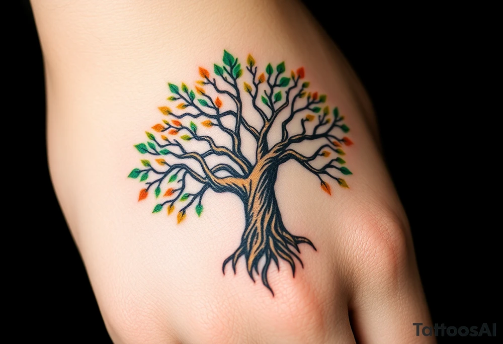 Vibrant tree of life Jamaican and Irish colours tattoo idea