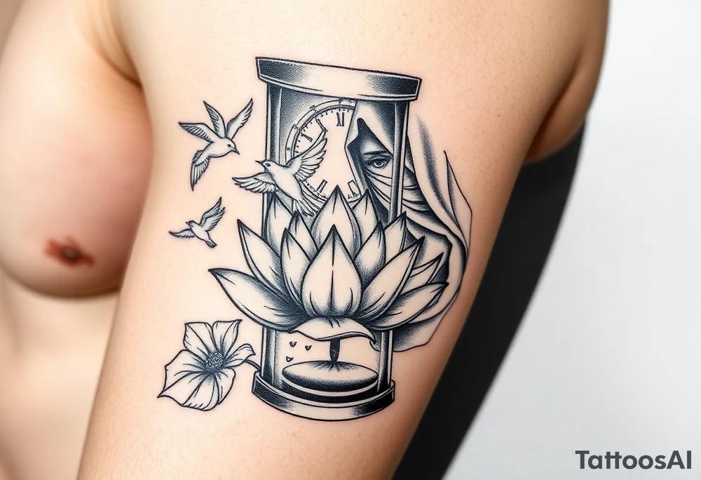 Lotus flower in a hour glass that breaks into flying birds and a clock in background with an arab woman with scarf covering her face tattoo idea