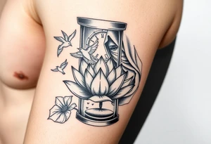 Lotus flower in a hour glass that breaks into flying birds and a clock in background with an arab woman with scarf covering her face tattoo idea