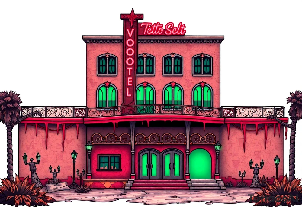 Tim Burton’s vegas sex hotel from outside viewis abandoned and dripping with muted reds, dusty pinks, and eerie green glow. tattoo idea tattoo idea