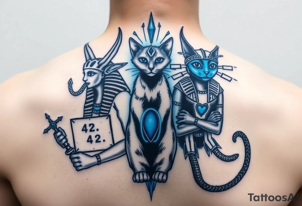 "Anubis split into two entangled versions:  
1. Ancient (holding papyrus with '42')  
2. Cyber (with quantum server instead of a heart)  
Between them: Schrödinger’s cat as a hologram.  

Style: Double exposure tattoo. Black/blue. Back piece." tattoo idea
