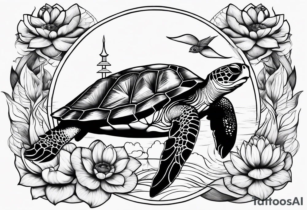Turtle with lotus flower, moon and an arrow tattoo idea