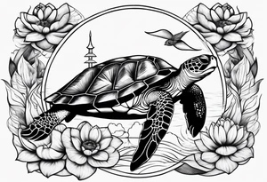 Turtle with lotus flower, moon and an arrow tattoo idea