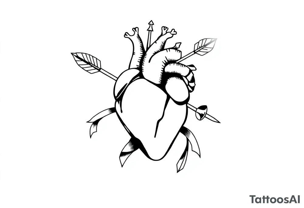 anatomical heart pierced by ornate arrow with flowing ribbons tattoo idea