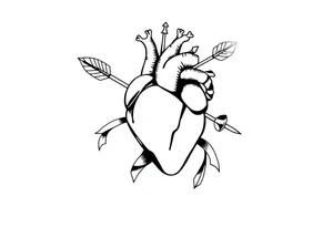 anatomical heart pierced by ornate arrow with flowing ribbons tattoo idea