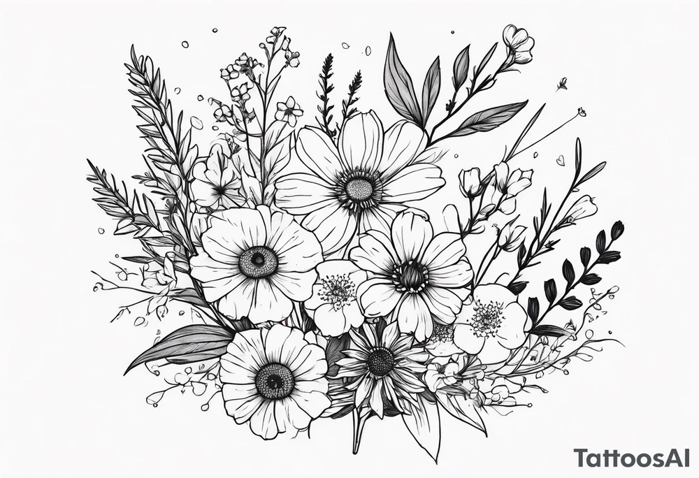 mixed wildflower bouquet detailed with color tattoo idea