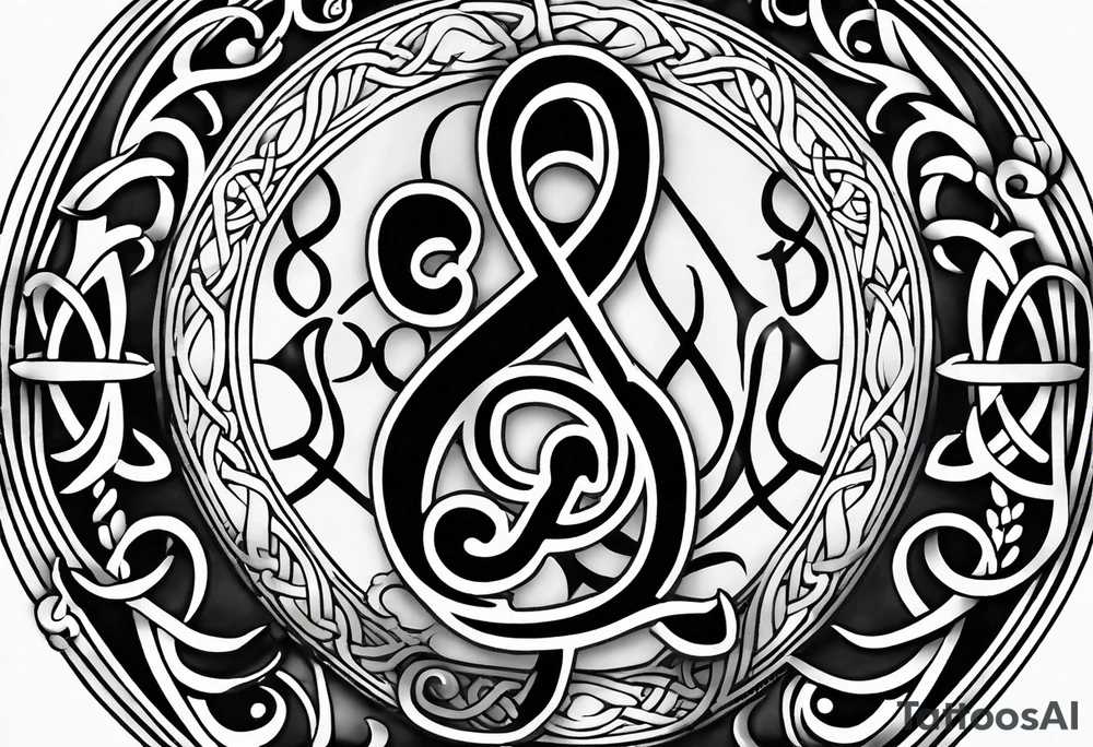 Celtic styling, anchor, bass clef note, treble clef note, dog paw print, half sleeve, forearm tattoo idea